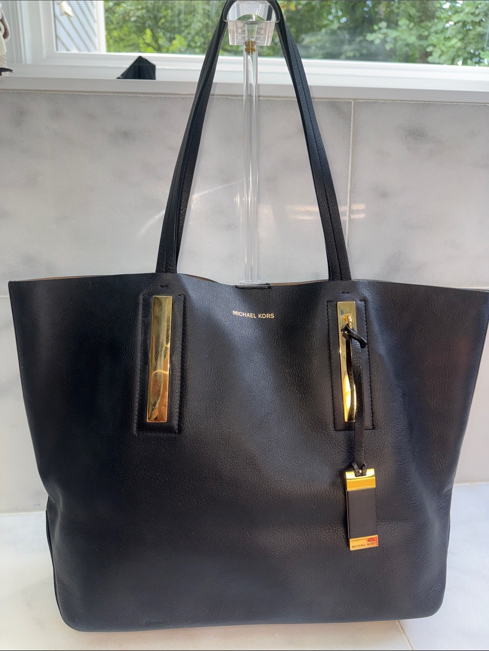 Michael Kors Collection Black Leather Tote with Gold Accents